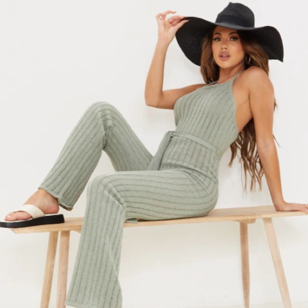 NWT Sage green crochet halter neck jumpsuit.